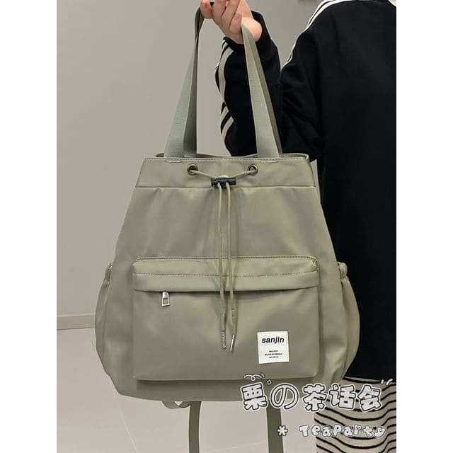 Plain Drawstring Backpack Tote - Green / One Size