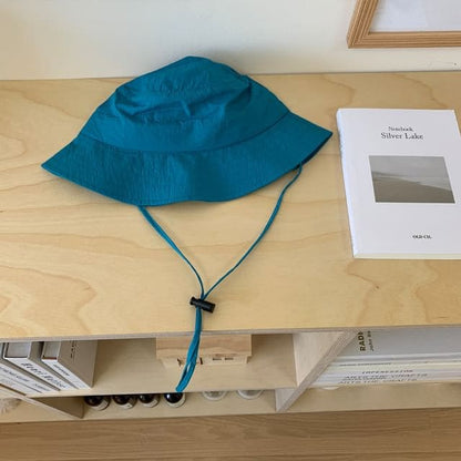 Plain Drawstring Bucket Hat - Aqua Blue / One Size