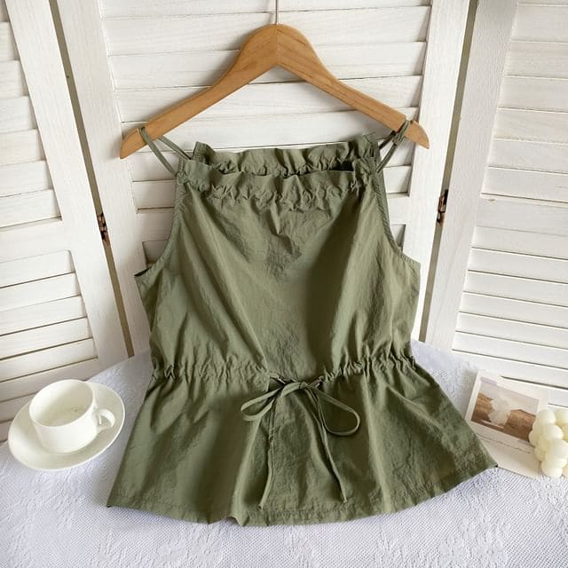 Plain Drawstring Camisole Top - Army Green / One Size