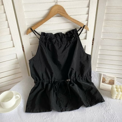 Plain Drawstring Camisole Top - Black / One Size