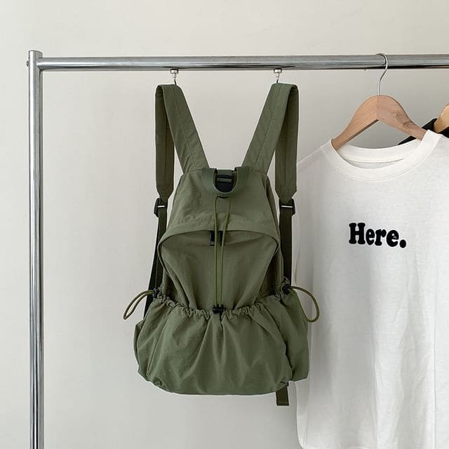 Plain Drawstring Nylon Backpack - Army Green / One Size