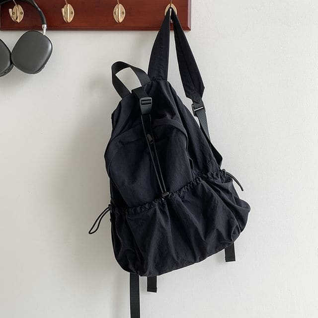 Plain Drawstring Nylon Backpack - Black / One Size