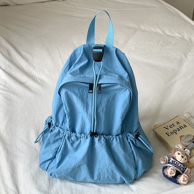 Plain Drawstring Nylon Backpack - Blue / One Size