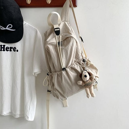 Plain Drawstring Nylon Backpack - Khaki / One Size