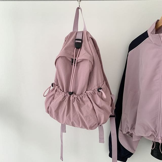 Plain Drawstring Nylon Backpack - Pink / One Size