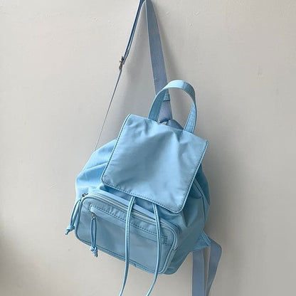 Plain Drawstring Nylon Flap Backpack - Blue / One Size