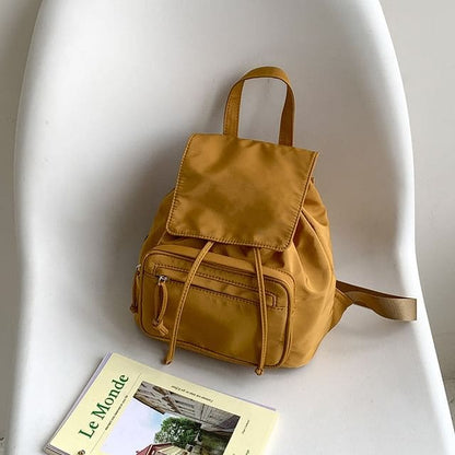 Plain Drawstring Nylon Flap Backpack - Yellow / One Size