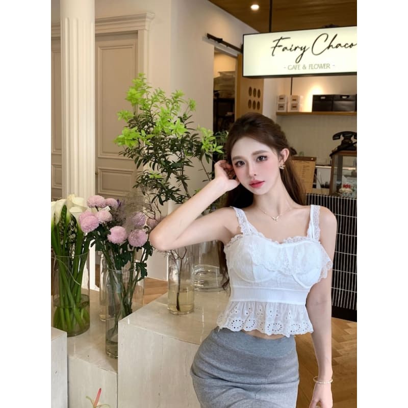 Plain Embroidered Eyelet Peplum Panel Lace Camisole Top