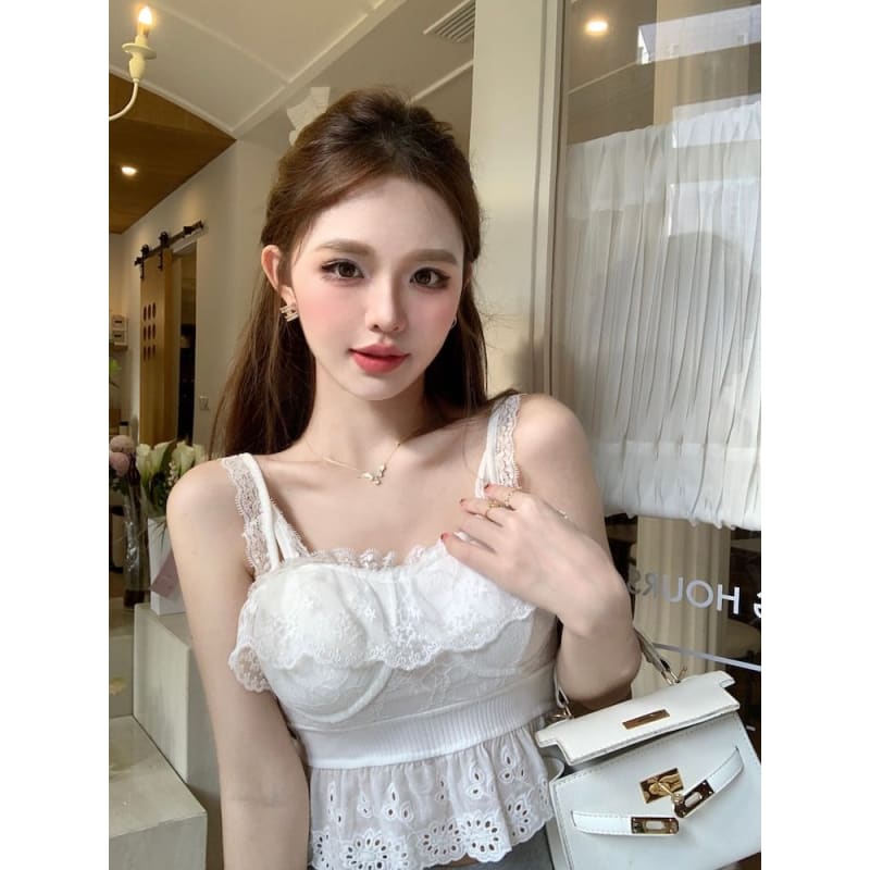 Plain Embroidered Eyelet Peplum Panel Lace Camisole Top