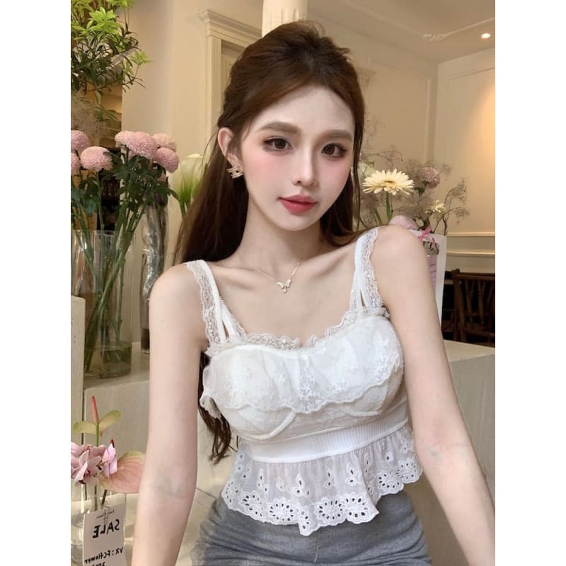 Plain Embroidered Eyelet Peplum Panel Lace Camisole Top