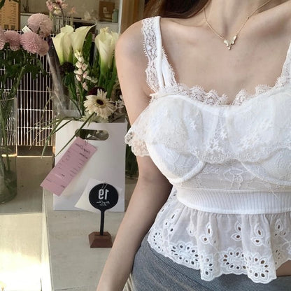 Plain Embroidered Eyelet Peplum Panel Lace Camisole Top