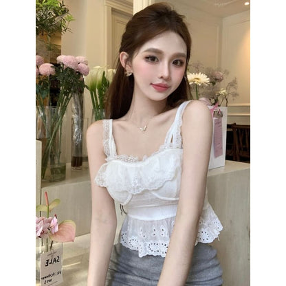 Plain Embroidered Eyelet Peplum Panel Lace Camisole Top