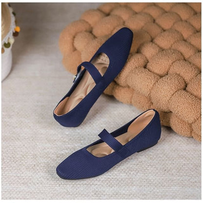 Plain Fabric Mary Jane Flats - Navy Blue / 34