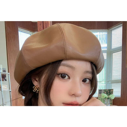 Plain Faux Leather Beret