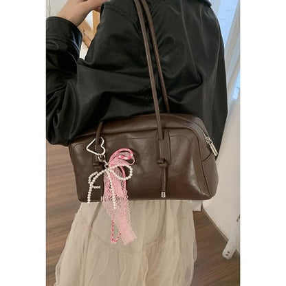 Plain Faux Leather Bowler Bag - Brown / One Size