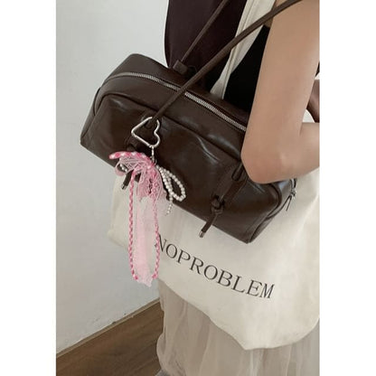 Plain Faux Leather Bowler Bag - Coffee / One Size