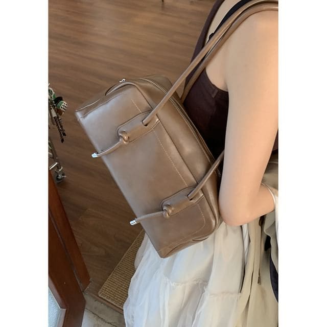 Plain Faux Leather Bowler Bag - Khaki / One Size