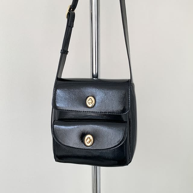 Plain Faux Leather Flap Crossbody Bag - Black / One Size