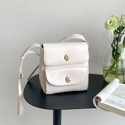 Plain Faux Leather Flap Crossbody Bag - Off-White / One Size