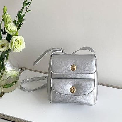 Plain Faux Leather Flap Crossbody Bag - Silver / One Size