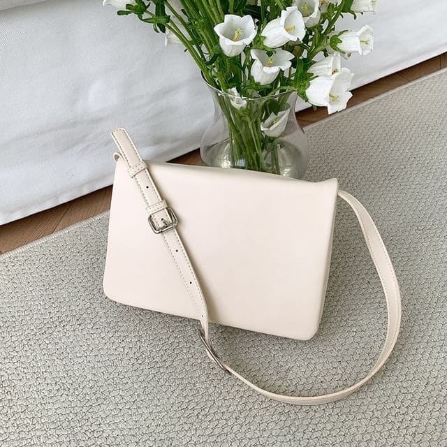 Plain Faux Leather Flap Shoulder Bag - Off-White / One Size