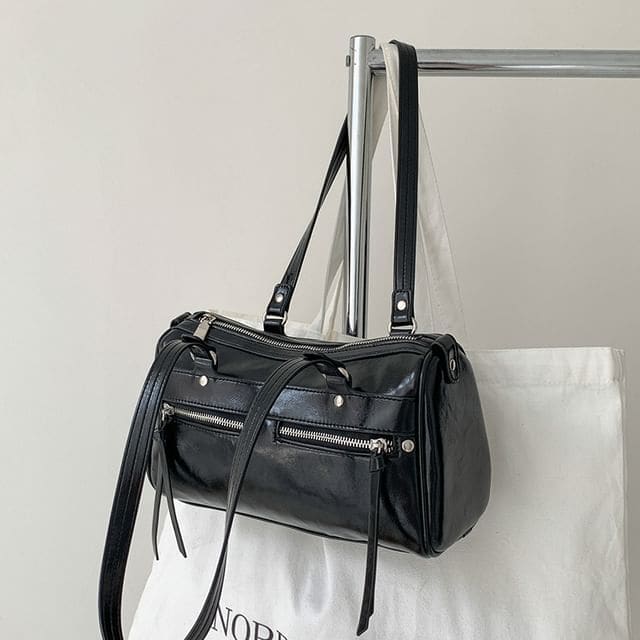 Plain Faux Leather Tote Bag - Black / One Size