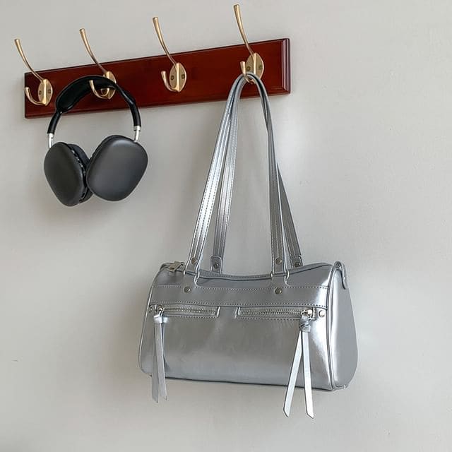 Plain Faux Leather Tote Bag - Silver / One Size