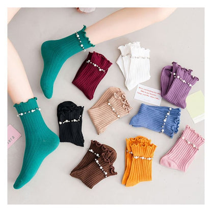 Plain Faux Pearl Beaded Short Socks