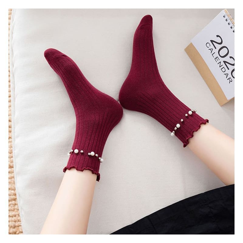 Plain Faux Pearl Beaded Short Socks