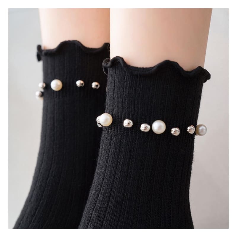 Plain Faux Pearl Beaded Short Socks