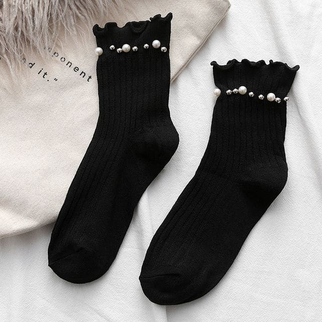 Plain Faux Pearl Beaded Short Socks - Black / One Size