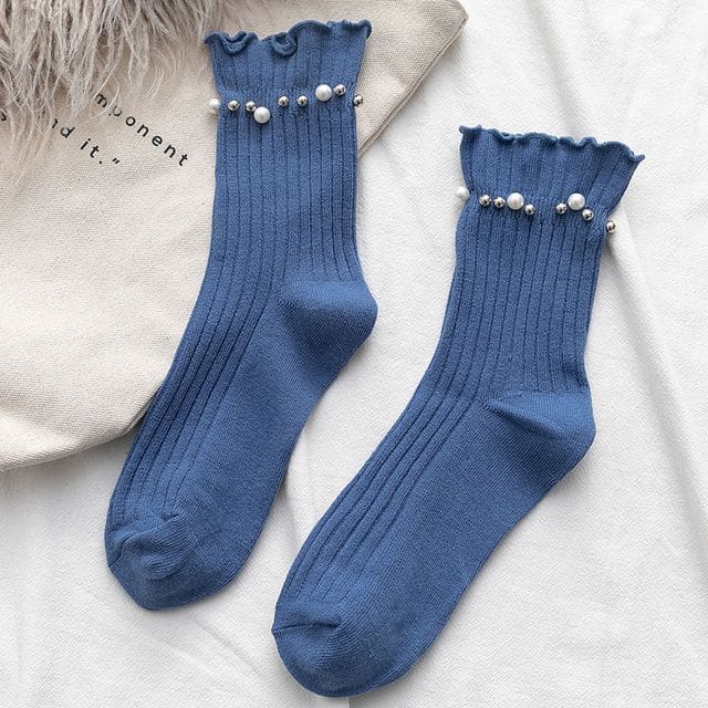 Plain Faux Pearl Beaded Short Socks - Blue / One Size