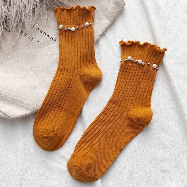 Plain Faux Pearl Beaded Short Socks - Curcumin / One Size