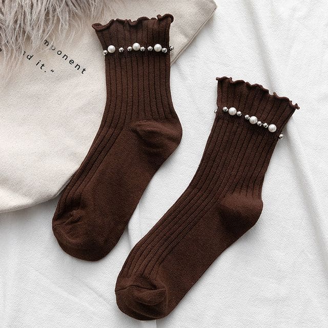 Plain Faux Pearl Beaded Short Socks - Dark Coffee / One Size