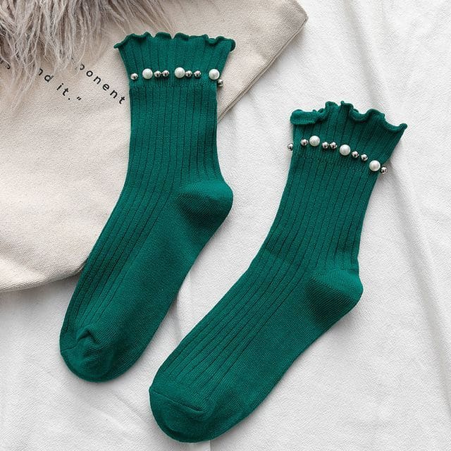 Plain Faux Pearl Beaded Short Socks - Green / One Size