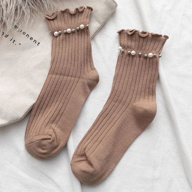 Plain Faux Pearl Beaded Short Socks - Light Coffee