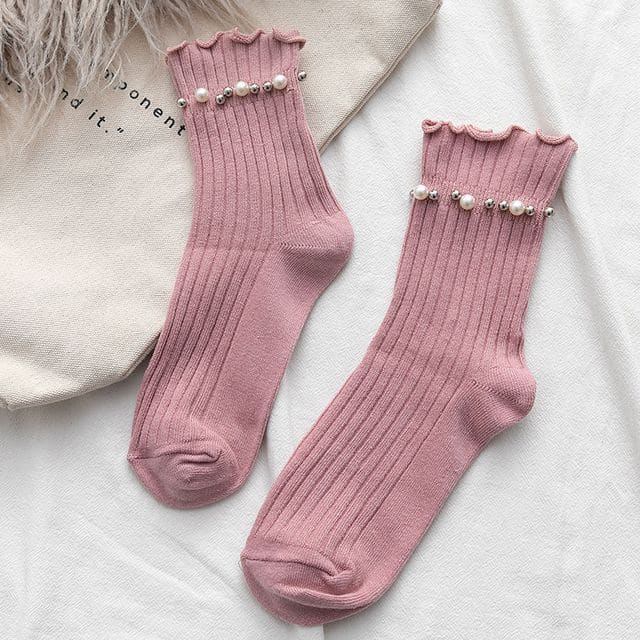 Plain Faux Pearl Beaded Short Socks - Pink / One Size