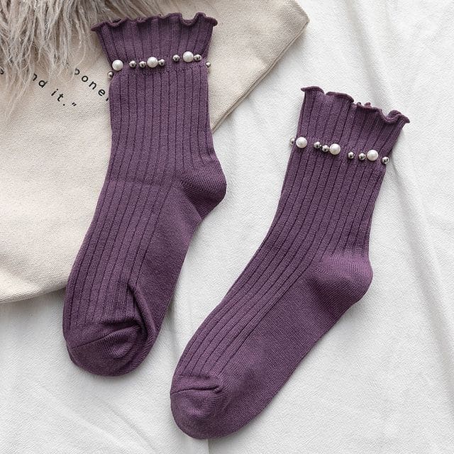 Plain Faux Pearl Beaded Short Socks - Purple / One Size