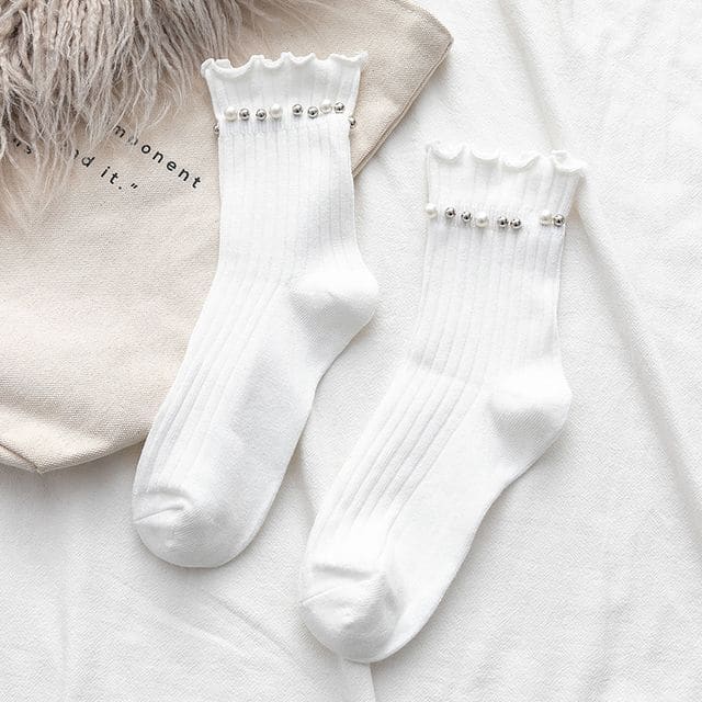 Plain Faux Pearl Beaded Short Socks - White / One Size