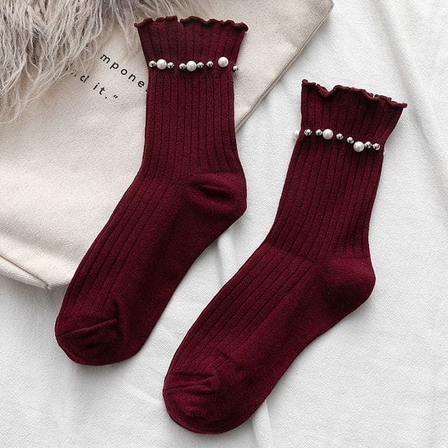 Plain Faux Pearl Beaded Short Socks - Wine Red / One Size