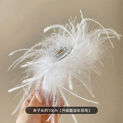 Plain Feather Hair Claw - 1 Pc - 10cm - White / One Size