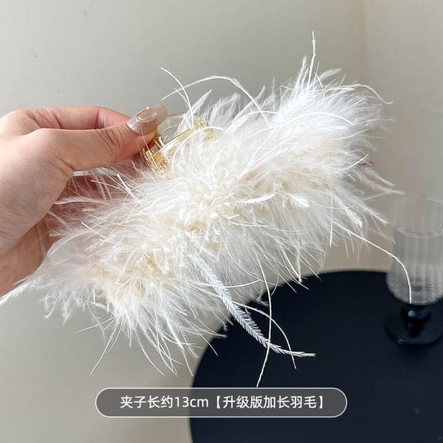 Plain Feather Hair Claw - 1 Pc - 13cm - White / One Size