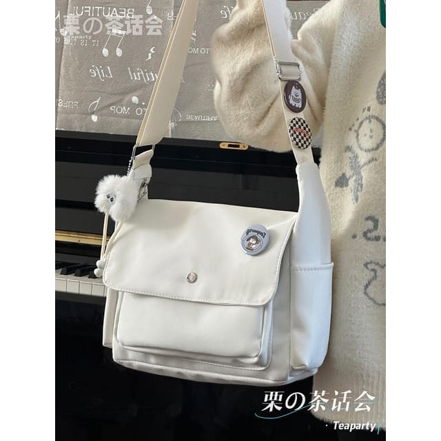 Plain Flap Crossbody Bag / Charm / Set - With White Pompom