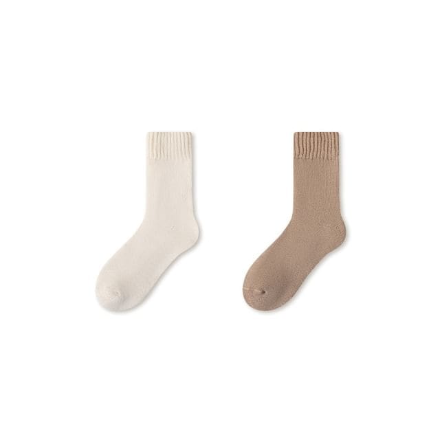 Plain Fleece-Lined Short Socks Set - Set of 2 Pairs - Milky