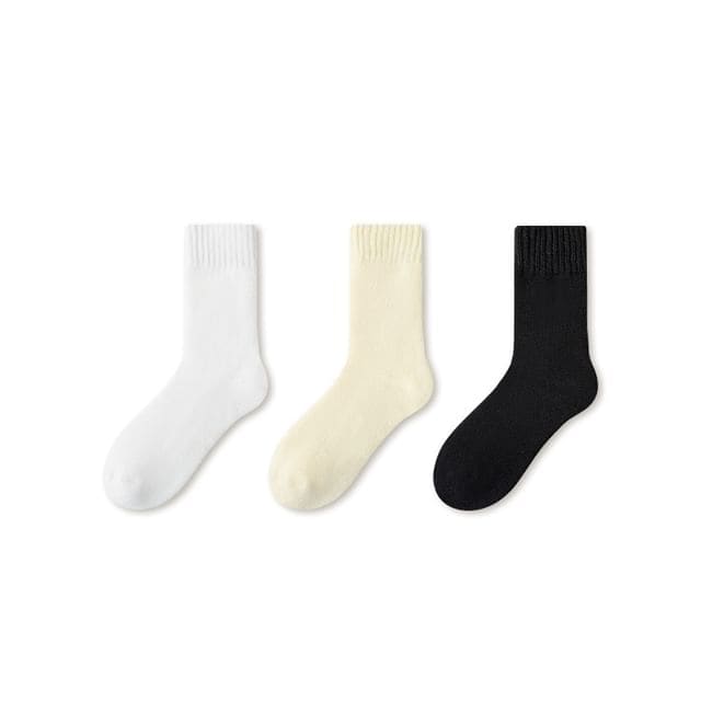 Plain Fleece-Lined Short Socks Set - Set of 3 Pairs - White