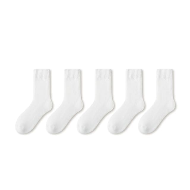 Plain Fleece-Lined Short Socks Set - Set of 5 Pairs - White