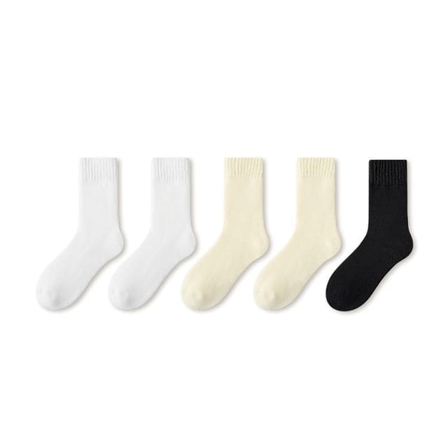 Plain Fleece-Lined Short Socks Set - Set of 5 Pairs - White