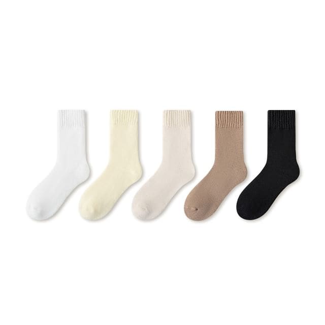 Plain Fleece-Lined Short Socks Set - Set of 5 Pairs - White