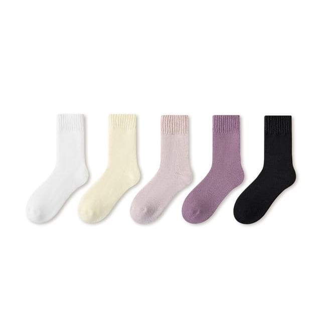 Plain Fleece-Lined Short Socks Set - Set of 5 Pairs - White