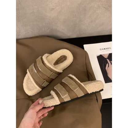 Plain Fleece Slide Sandals - BSL775-1 - Brown / 35